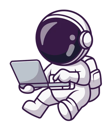 Astro, der INTEGRTR-Astronaut, arbeitet am Laptop