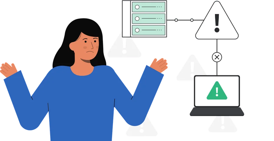 Illustration of an HR specialist facing data errors and broken flows