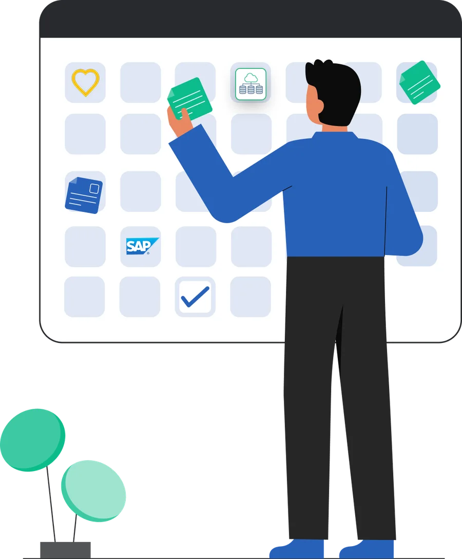 Illustration of an HR specialist arranging application tiles on a large screen
