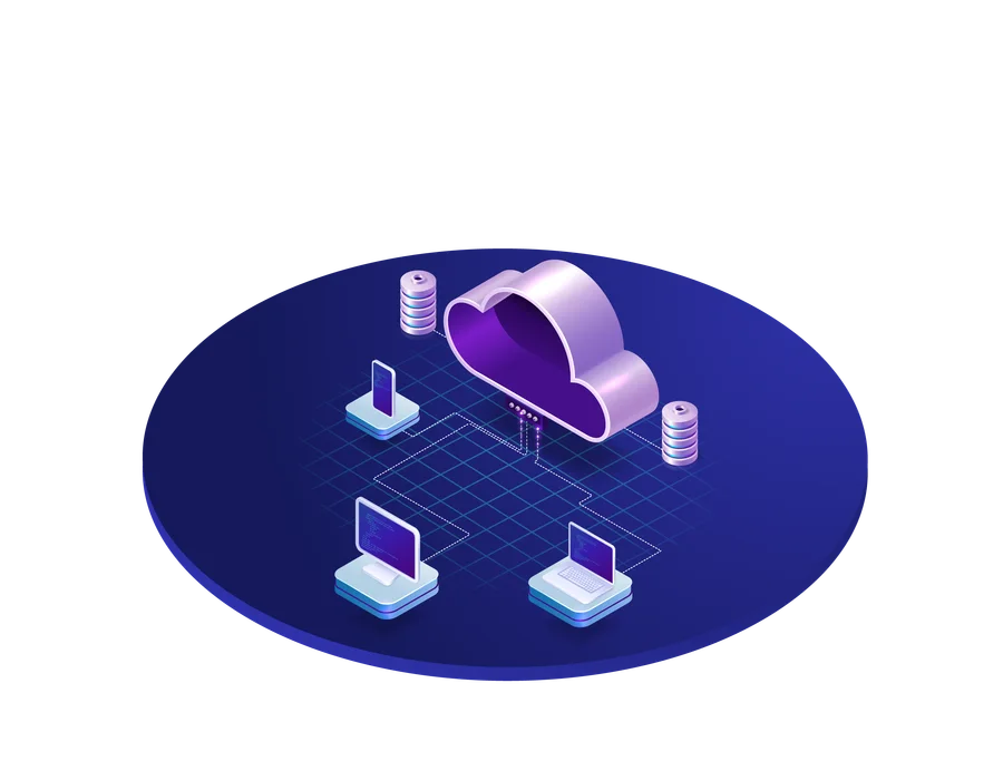 Isometrische Illustration von Cloud-vernetzten Systemen, die synchron bleiben