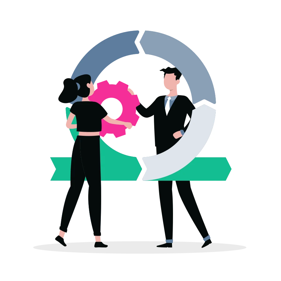 Illustration zweier Fachkräfte, die HR-Systeme entlang eines gemeinsamen Integrationskreislaufs verbinden