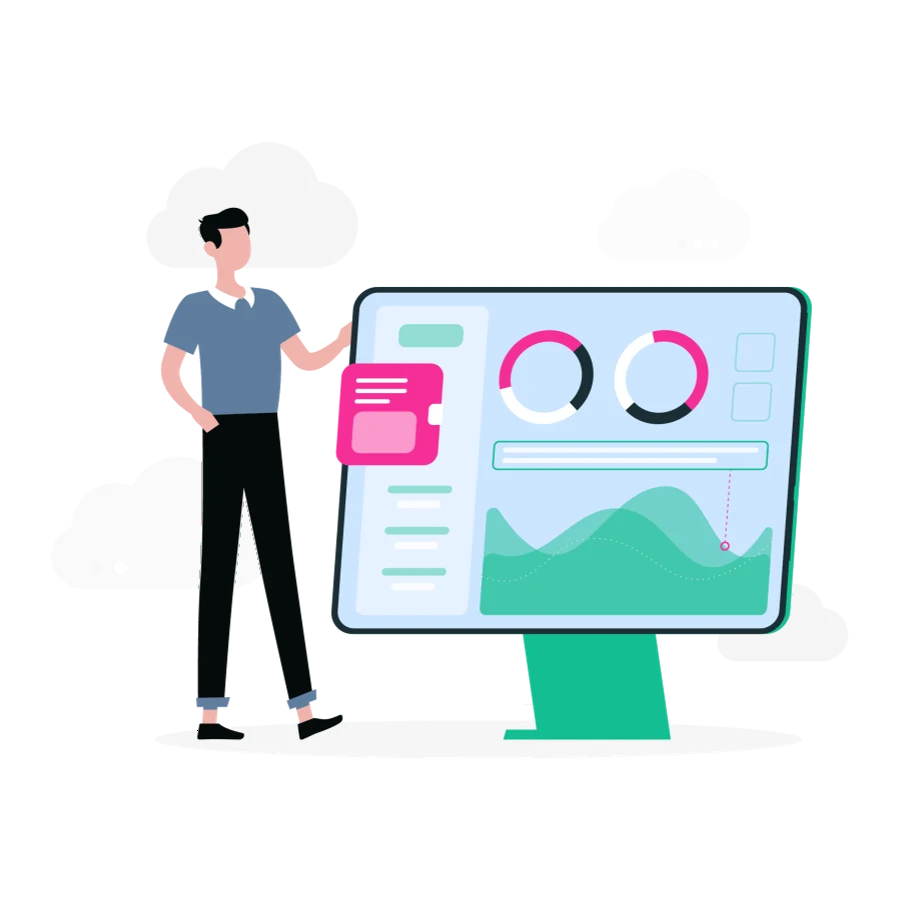 Illustration of a consultant delivering SAP Integration Consulting Services across connected dashboards