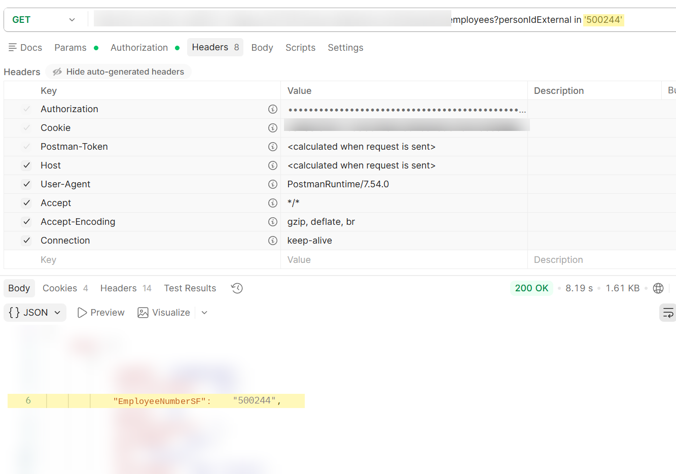 Employees endpoint example request with personIdExternal filter
