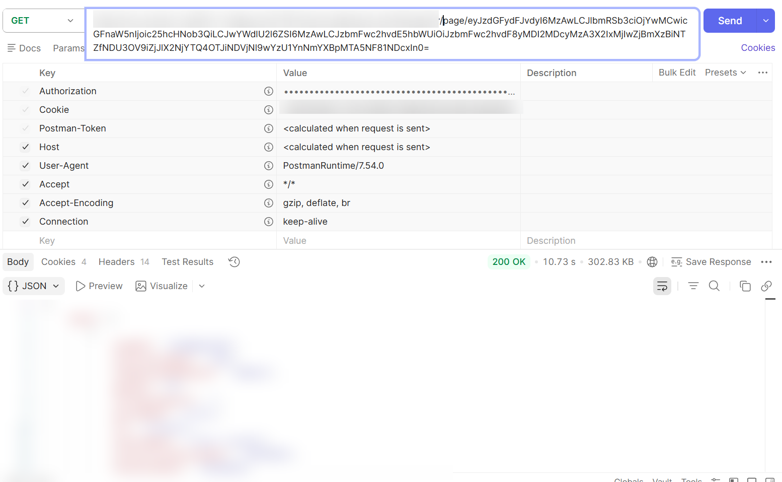 Postman response showing the next-page URL