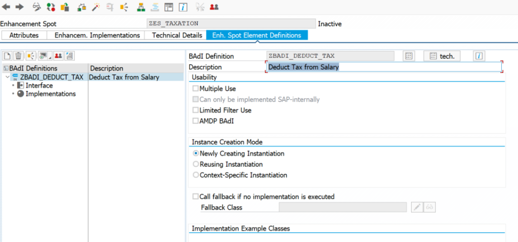 Screen to add further info regarding BAdI definition 