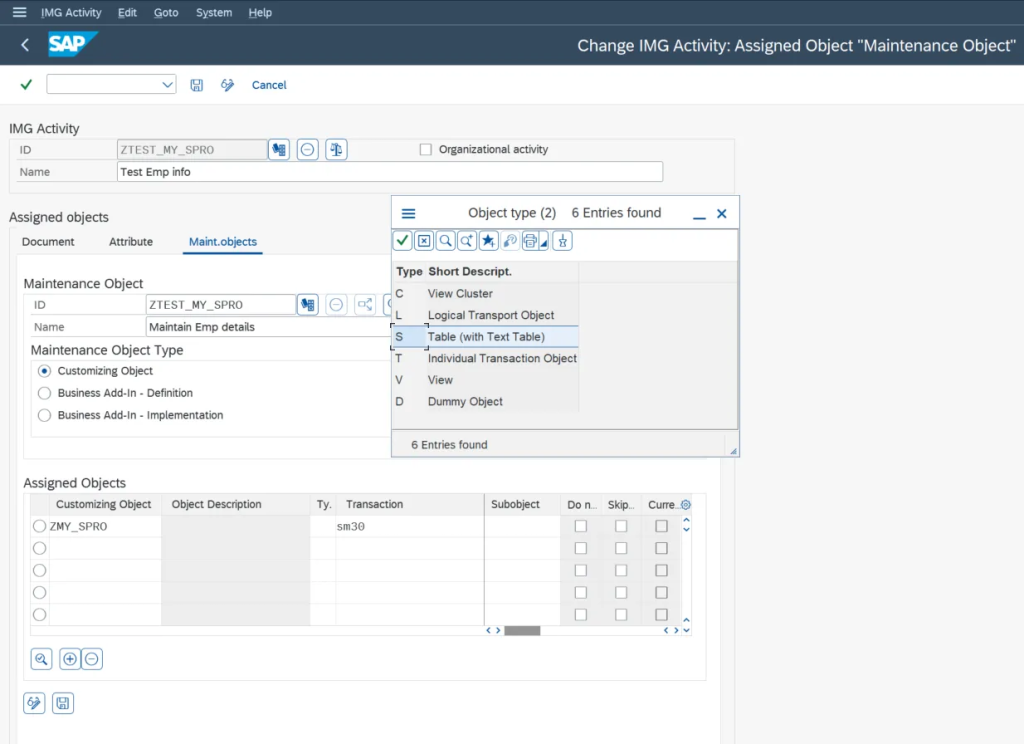 Add Custom Node in SPRO: Maintenance Object